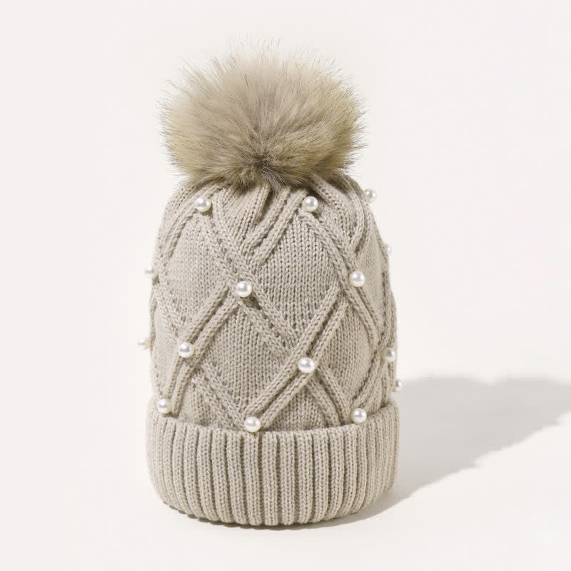 Women's Cute Pearls Deor Pompoms Stretchy Knitted Hat - image 1