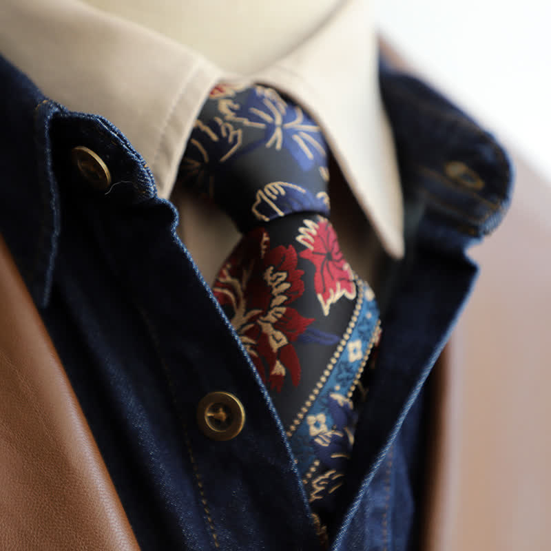 Men's Gorgeous Embroidery Flower Zipper Necktie - Red - image 0