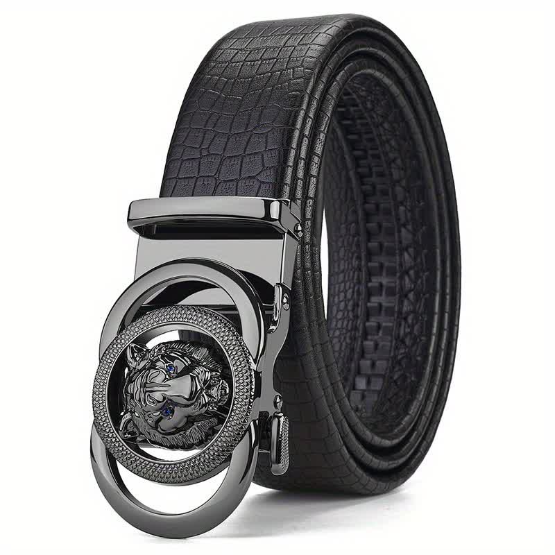 Men's Snake Pattern Leopard Head Buckle Leather Belt - Black - 46 - image 0