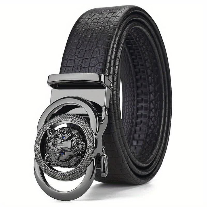 Men's Snake Pattern Leopard Head Buckle Leather Belt - Black - 46 - image 0