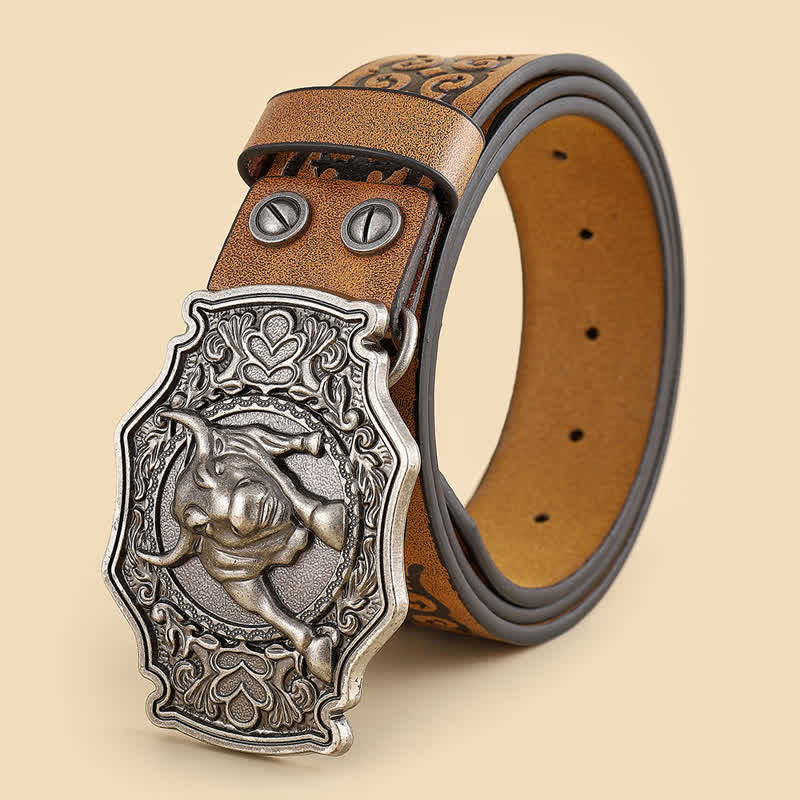 Men's Yak Matador Bull Engraved Floral Leather Belt - Bull - 42 - image 0