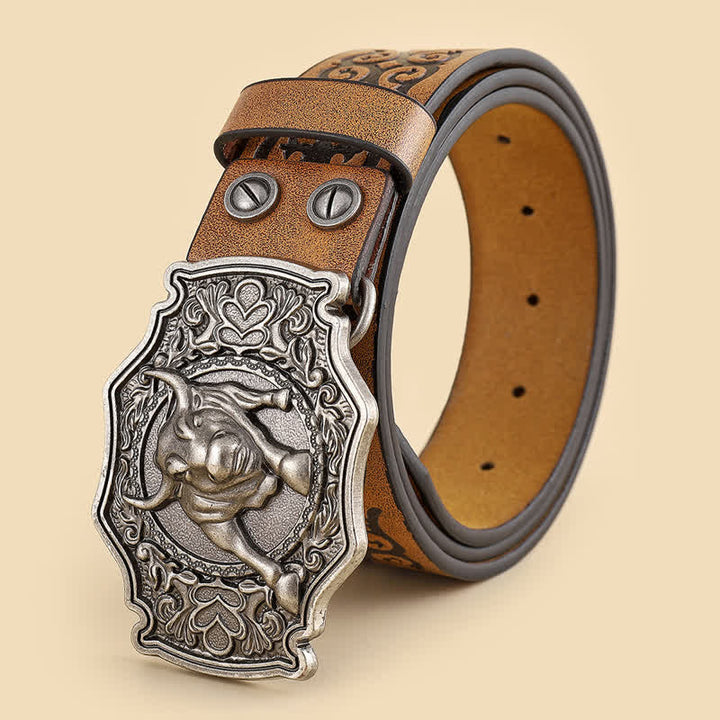Men's Yak Matador Bull Engraved Floral Leather Belt - Bull - 42 - image 0