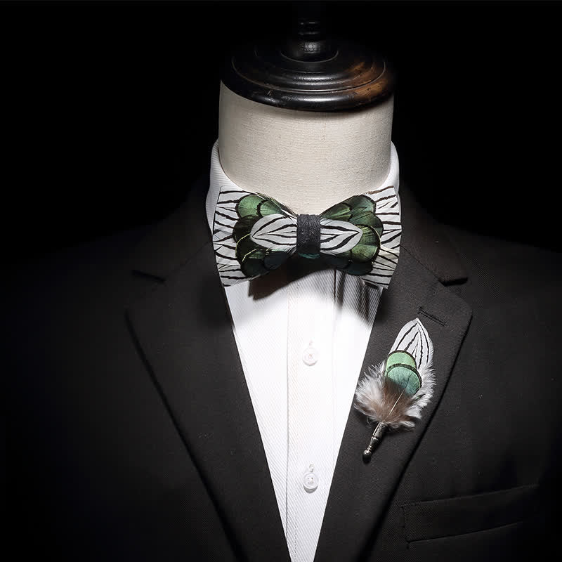 Green & White Forest Feather Bow Tie with Lapel Pin - image 1