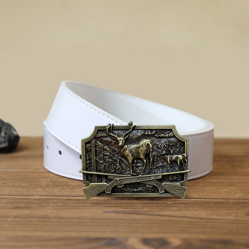 Men's DIY Deer Shotgun Hunter Buckle Leather Belt - Antique Bronze - White PU Belt (40) - image 8