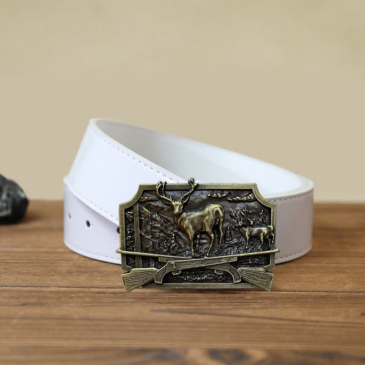 Men's DIY Deer Shotgun Hunter Buckle Leather Belt - Antique Bronze - White PU Belt (40) - image 8