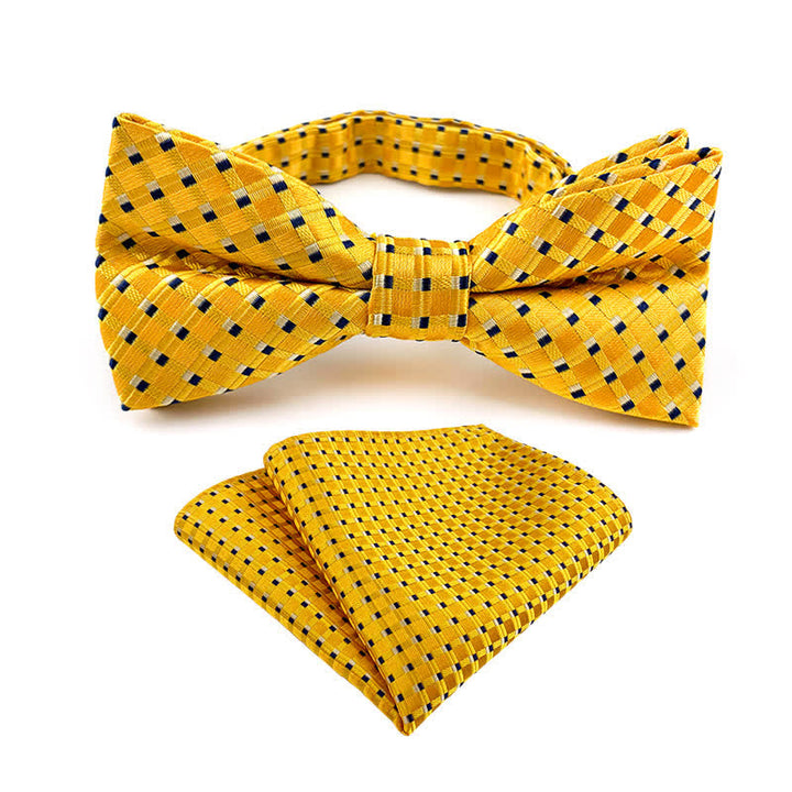 2Pcs Men's Fancy Plaid Striped Bow Tie Pocket Square Set - Yellow - image 3