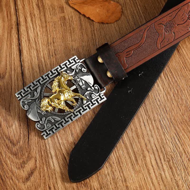 Men's Running Horse Geometric Buckle Leather Belt - image 1