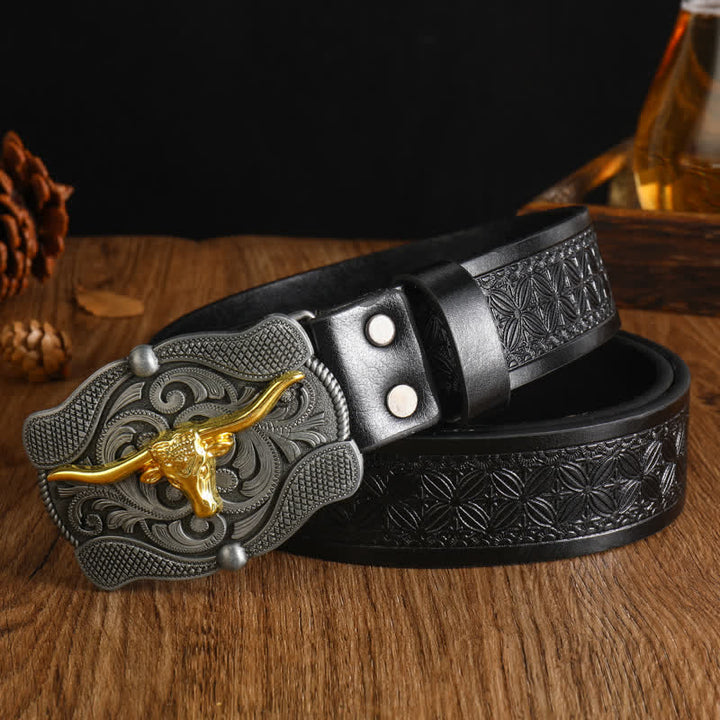 Men's Square Golden Longhorn Bull Leather Belt - Style #4 - 42 - image 6