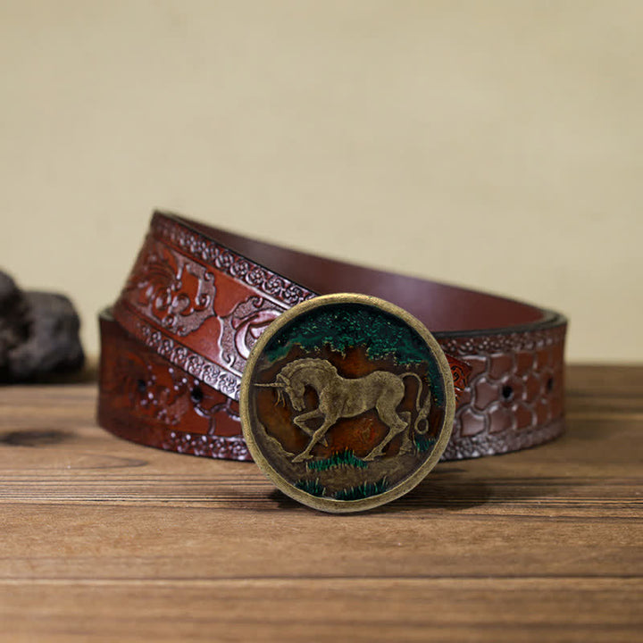 Men's DIY Mystical Unicorn Antique Bronze Buckle Leather Belt - Unicorn - Brown Carved Belt (40) - image 12
