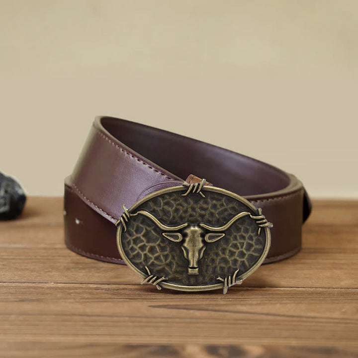 Men's DIY Cowboy Bull Head Hammered Buckle Leather Belt - Antique Bronze - Brown PU Belt (40) - image 13