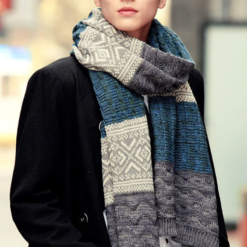 Men's Argyle Knitted Stitching Color Block Scarf - Teal - image 6