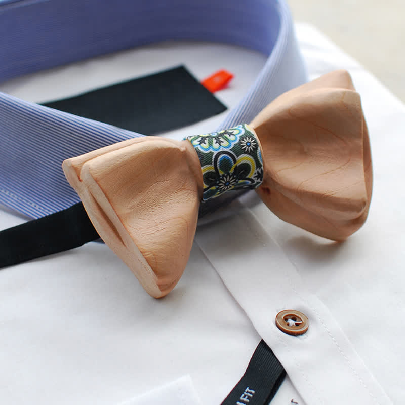 Men's Ice-sharp Layered Wooden Bow Tie - Green Floral - image 2