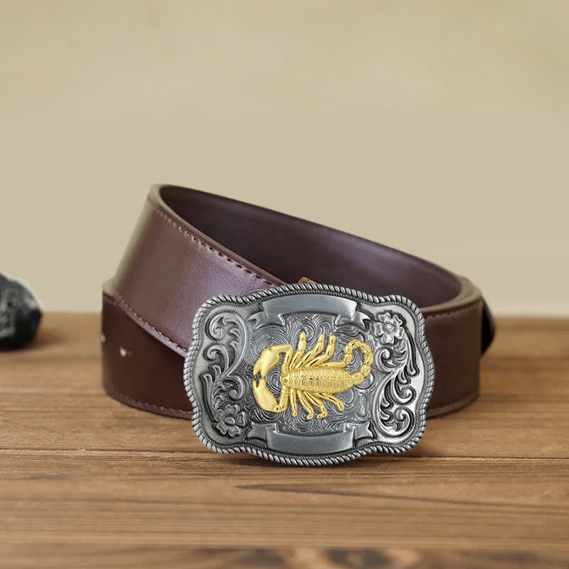Men's DIY Gold Carving Animal Buckle Leather Belt - Scorpion - Brown PU Belt (40) - image 59