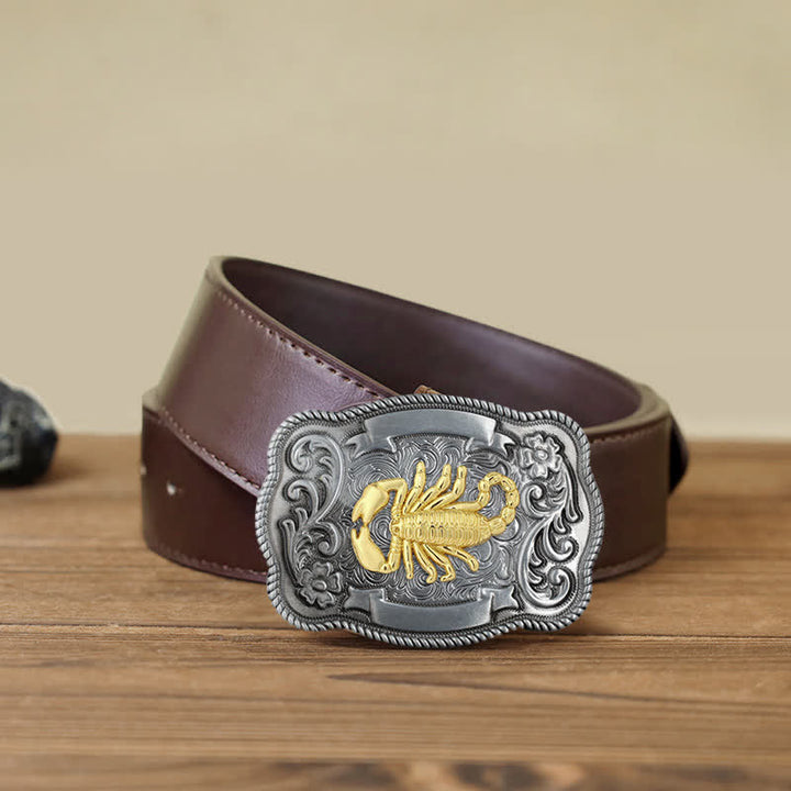 Men's DIY Gold Carving Animal Buckle Leather Belt - Scorpion - Brown PU Belt (40) - image 59