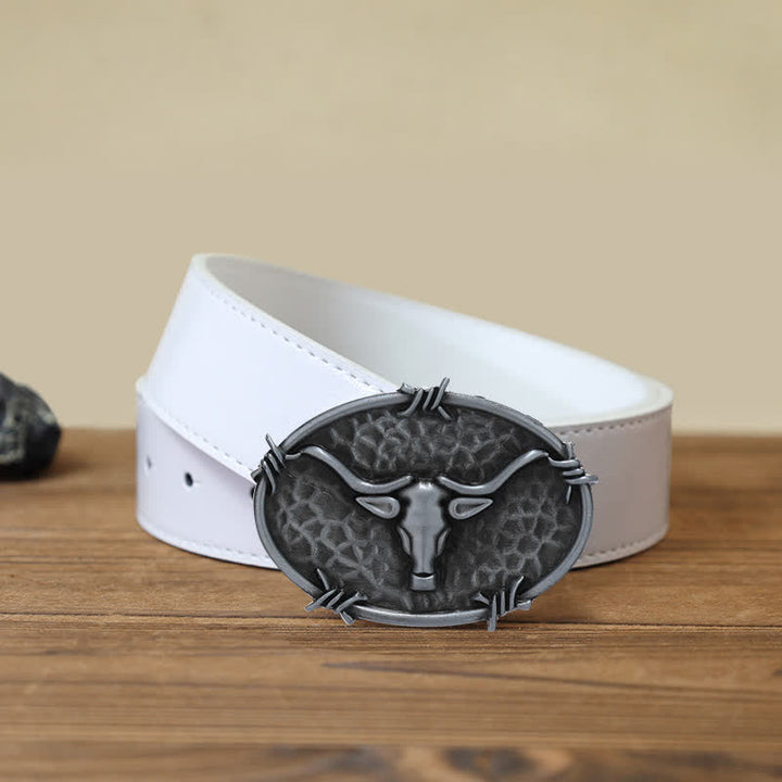 Men's DIY Cowboy Bull Head Hammered Buckle Leather Belt - Antique Silver - White PU Belt (40) - image 9
