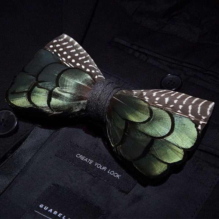 Green & Brown Peacock Goose Feather Bow Tie with Lapel Pin - image 1