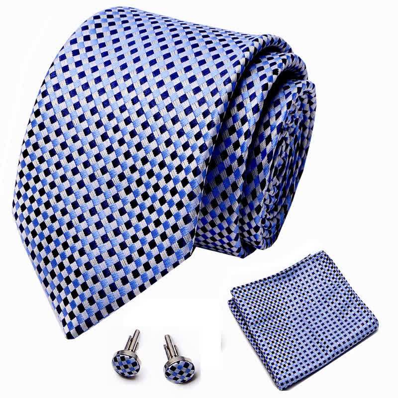 3Pcs Men's Blue & Black Woven Checked Necktie Set - image 1
