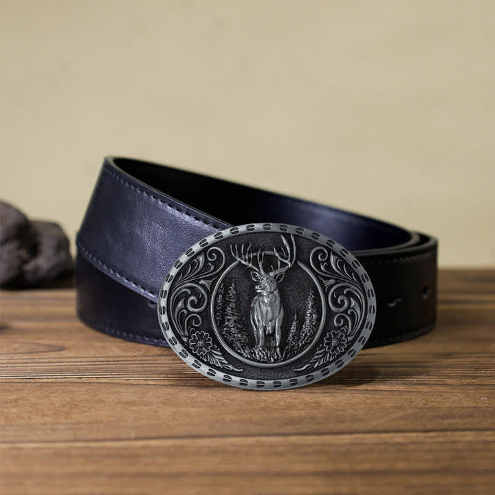 Men's DIY Deer Hunter American Flag Buckle Leather Belt - Silver Deer - Black PU Belt (40) - image 13
