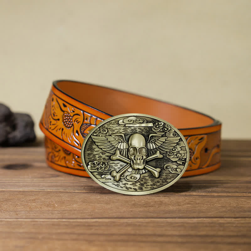 Men's DIY Skull Angel Creative Beer Holder Buckle Leather Belt - Bronze - Orange Carved Belt (40) - image 33