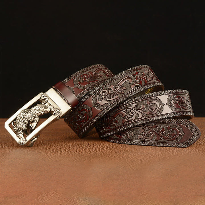 Men's Tiger Buckle Floral Embossed Leather Belt - image 18