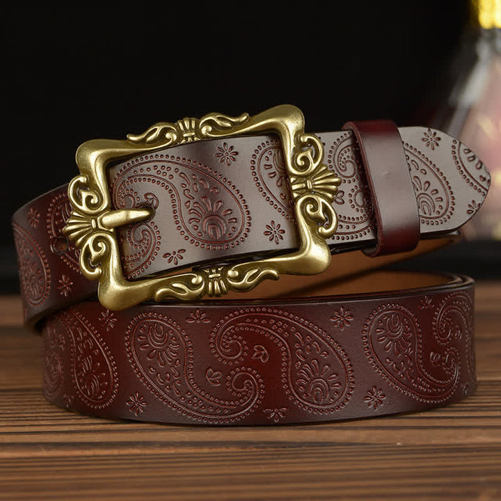 Women's Retro Floral Decorative Leather Belt - Style #1 - Brown - 40 - image 3
