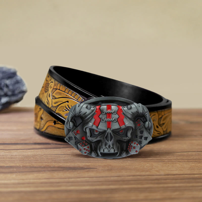 Men's DIY Skull Clown Joker Buckle Leather Belt - Antique Silver - SandyBrown Belt (40) - image 24