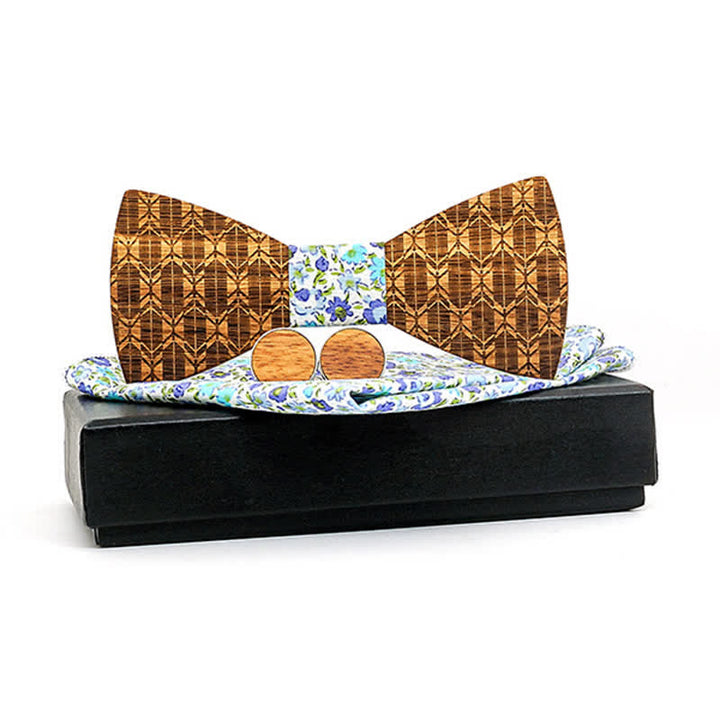 3Pcs Men's Carving Crown Wooden Bow Tie Set - White Flower - image 9