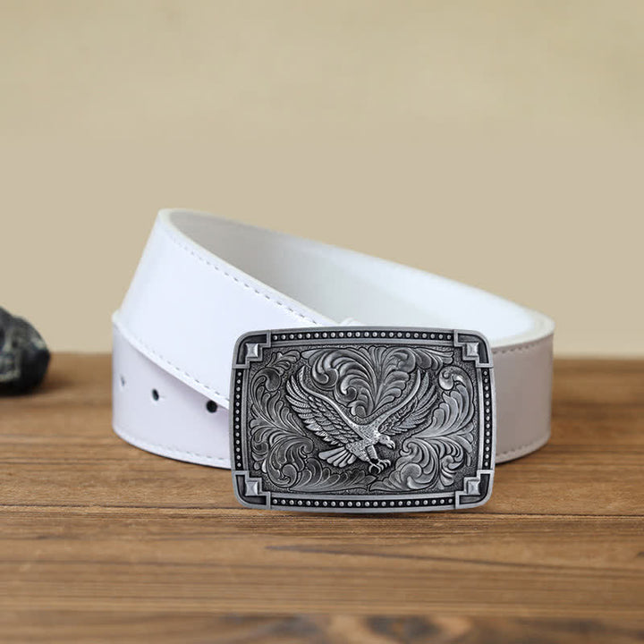 Men's DIY Soaring Eagle In Dreamy Sky Buckle Leather Belt - Antique Silver - White PU Belt (40) - image 9