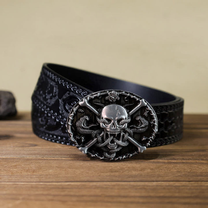 Men's DIY Gothic Cross Skull Snake Buckle Leather Belt - Skull - Black Carved Belt (40) - image 8