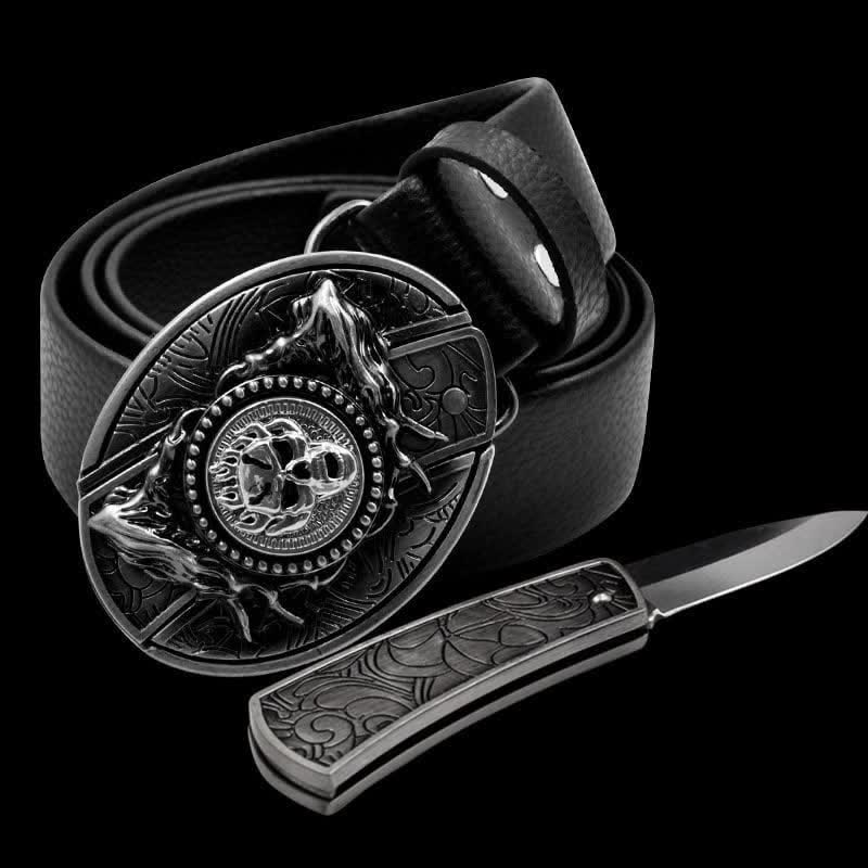 Men's Rotating Skull Leather Belt With Folding Knife - Rotating Skull - 46 - image 0