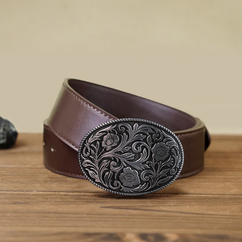 Men's DIY Classical Floral Oval Buckle Leather Belt - Antique Silver - Brown PU Belt (40) - image 8