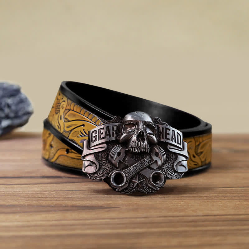 Men's DIY Gear Head Piston Skull Buckle Leather Belt - Gear Head - SandyBrown Belt (40) - image 13