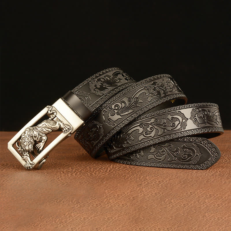 Men's Tiger Buckle Floral Embossed Leather Belt - image 21