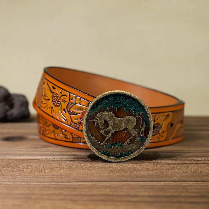 Men's DIY Mystical Unicorn Antique Bronze Buckle Leather Belt - Unicorn - Orange Carved Belt (40) - image 16