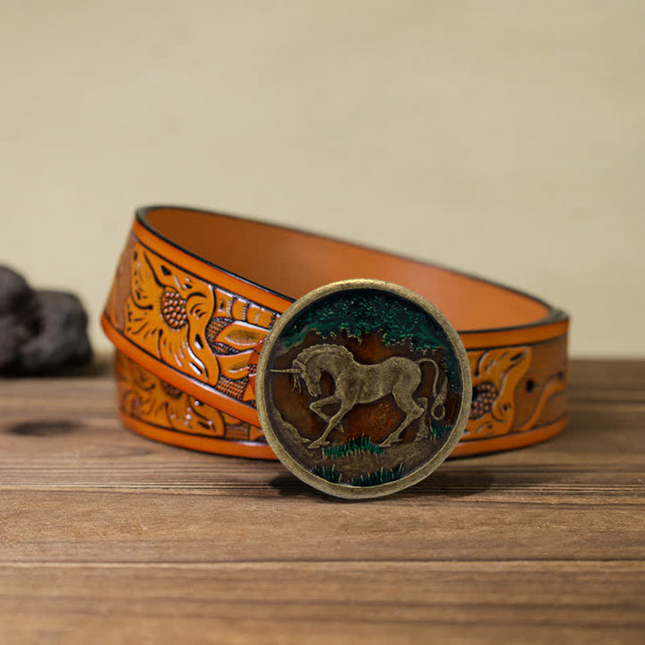 Men's DIY Mystical Unicorn Antique Bronze Buckle Leather Belt - Unicorn - Orange Carved Belt (40) - image 16