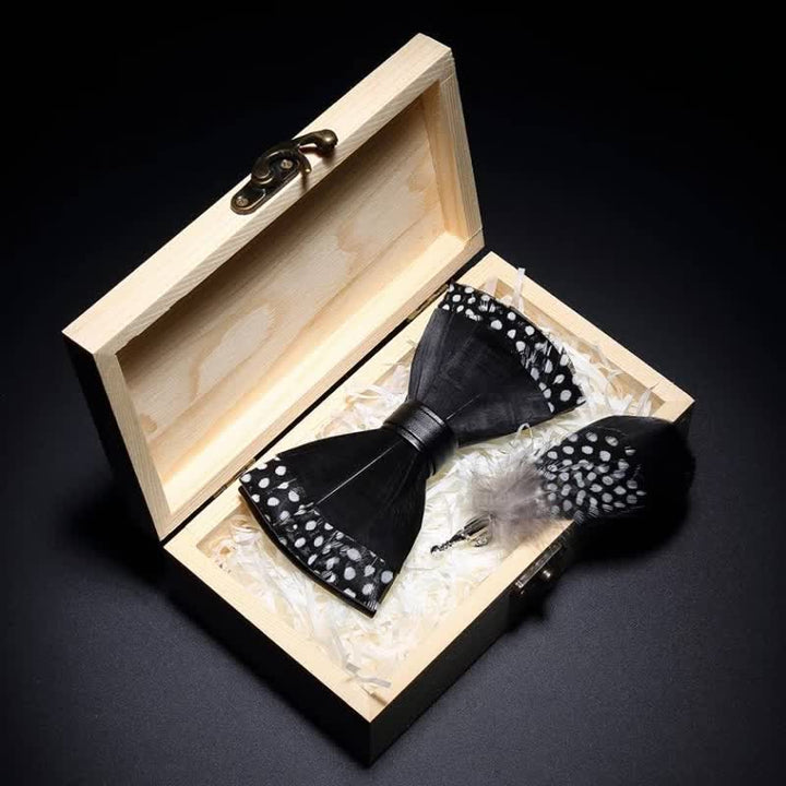 Kid's Black Polka-dotted Feather Bow Tie with Lapel Pin - image 1