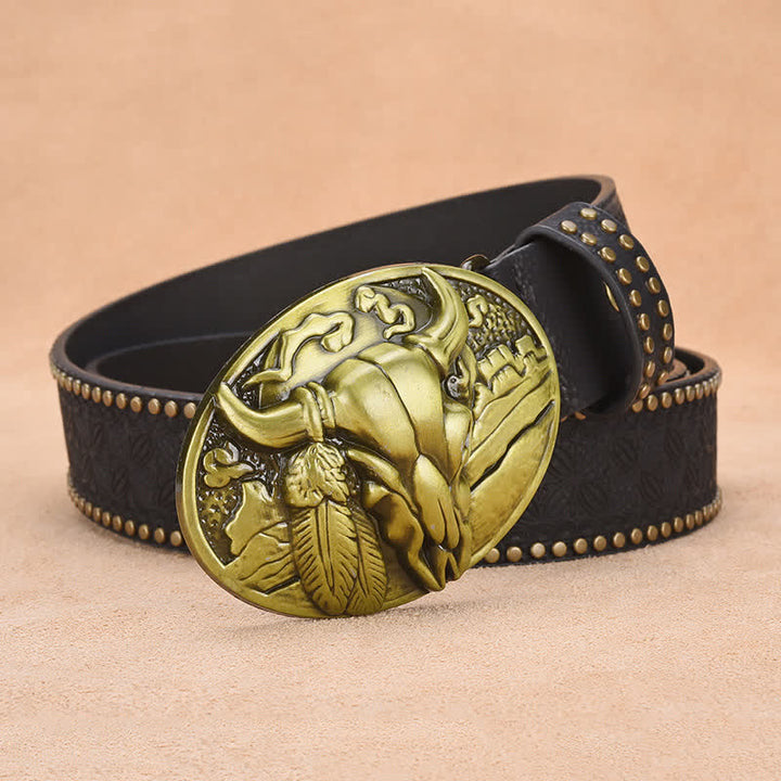 Men's Bull Head Buckle Rivet Decor Leather Belt - image 5