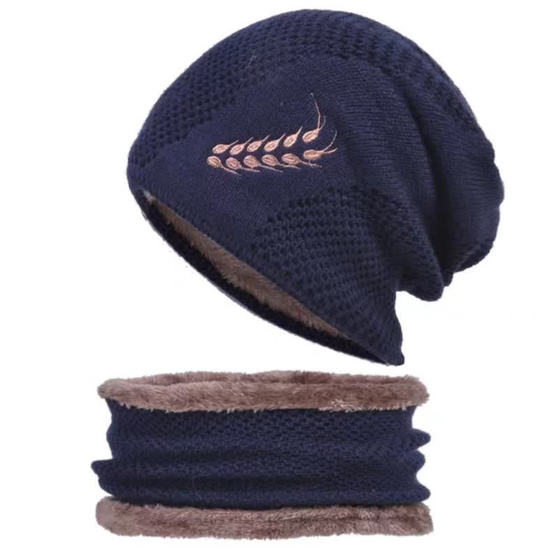2Pcs Embroidered Wheat Beanie Hat Neck Warmer Set - Navy - Adjustable (22"-23 5/8") - image 11