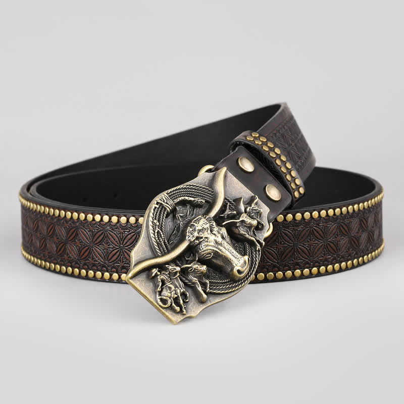 Men's Vintage Western Longhorn Bull Leather Belt - Longhorn Bull - 42 - image 0