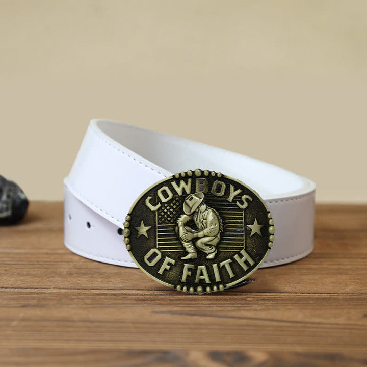 Men's DIY Cowboys Of Faith Buckle Leather Belt - Antique Gold - White PU Belt (40) - image 7