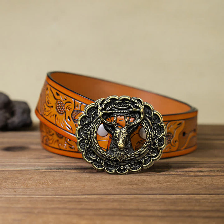 Men's DIY Hollow 3D Elk Antler Buckle Leather Belt - Antique Bronze - Orange Carved Belt (40) - image 23