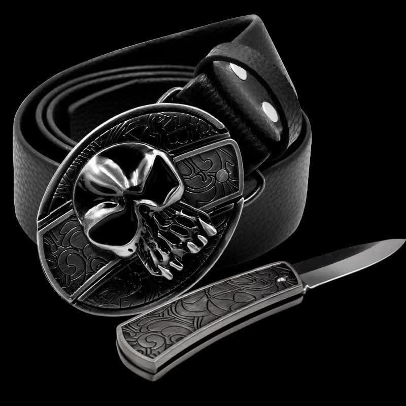 Men's Skull Head Leather Belt With Folding Knife - Skull Head - 46 - image 1