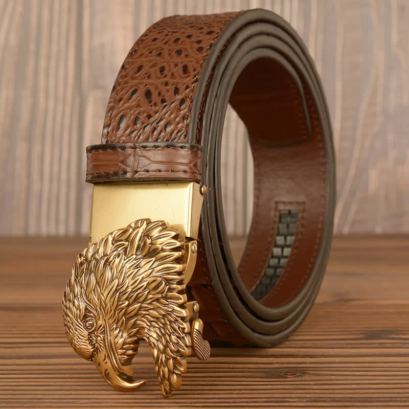 Men's Eagle Head Crocodile Embossed Leather Belt - Gold & Brown - 46 - image 1