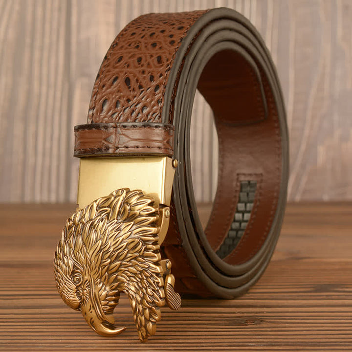 Men's Eagle Head Crocodile Embossed Leather Belt - Gold & Brown - 46 - image 1