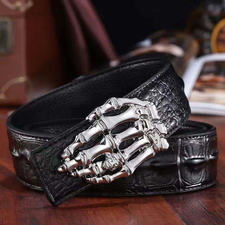 Men's Skull Hand Bone Crocodile Pattern Leather Belt - Silver - 44 - image 0
