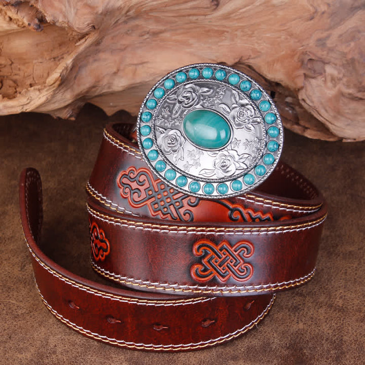 Unisex Carved Rose Turquoise Jade Agate Leather Belt - image 10