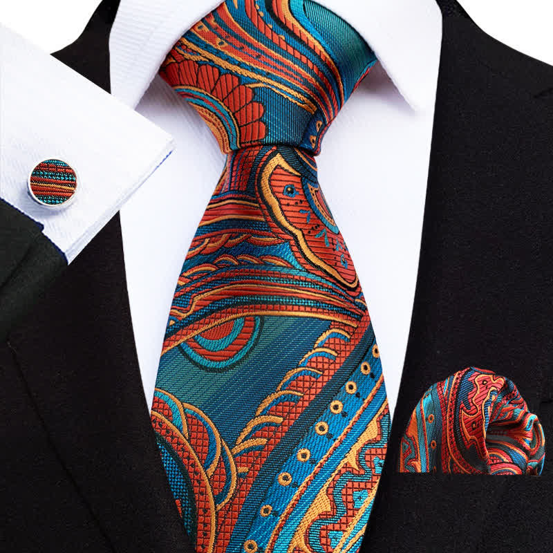 3Pcs Men's Orange & Teal Paisley Necktie Set - Orange & Teal - image 0