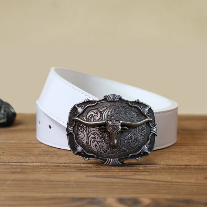 Men's DIY Silver Longhorn Bull Square Buckle Leather Belt - Bull - White PU Belt (40) - image 4