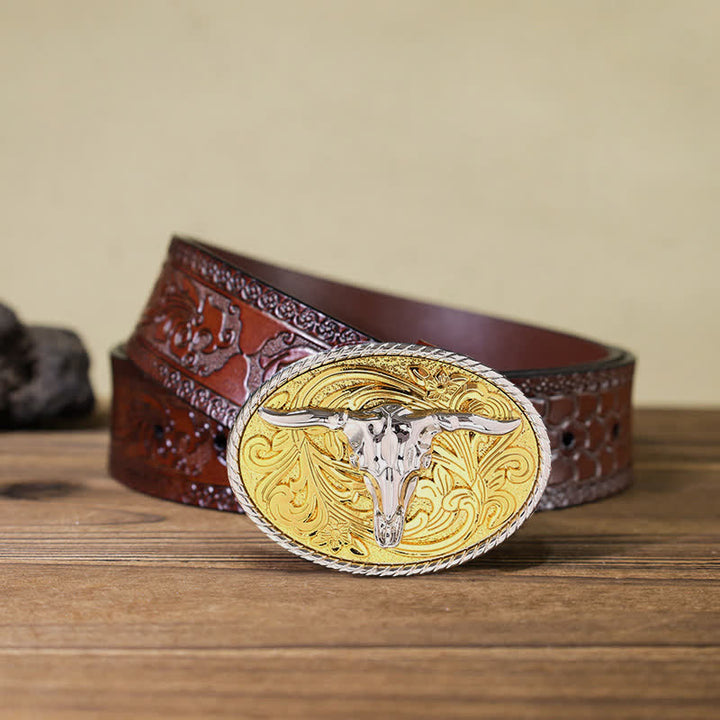 Men's DIY Shining Golden Bull Head Buckle Leather Belt - Bull - Brown Carved Belt (40) - image 12