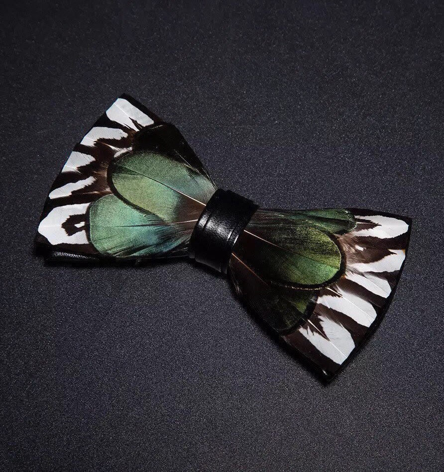 Kid's ForestGreen & White Feather Bow Tie with Lapel Pin - image 1